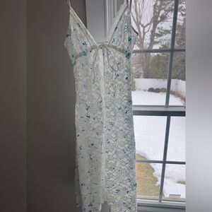 Frankie's Bikinis White Lace Top with Blue Floral Design